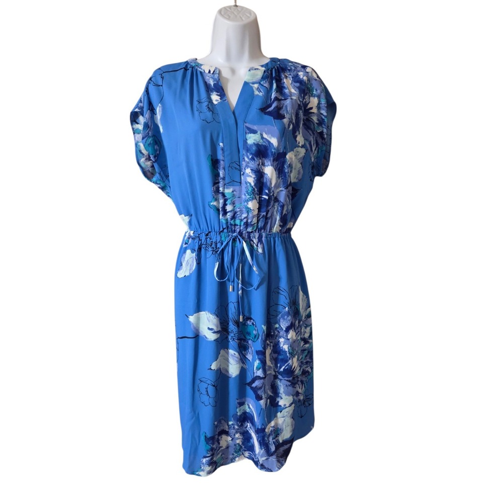 Apt 9 Blue Floral Blouson Short-Sleeve Knee-Length Dress M NWT Notched V-Neck